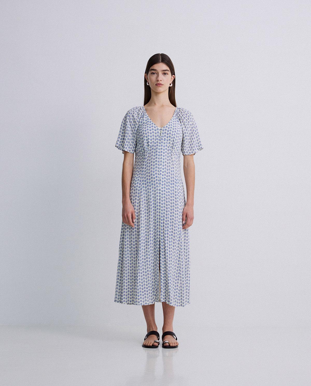 Yerse - Midi Short Sleeve Crepe Dress Navy Flowers