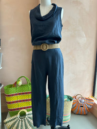 Blueberry Italia - Cowl Neck Linen Sleeveless Top Navy