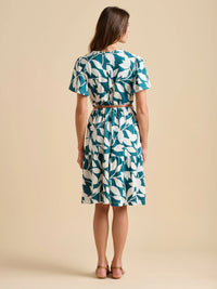 Brakeburn - Teal Woodland Leaves Cotton Jersey Knee Length Dress