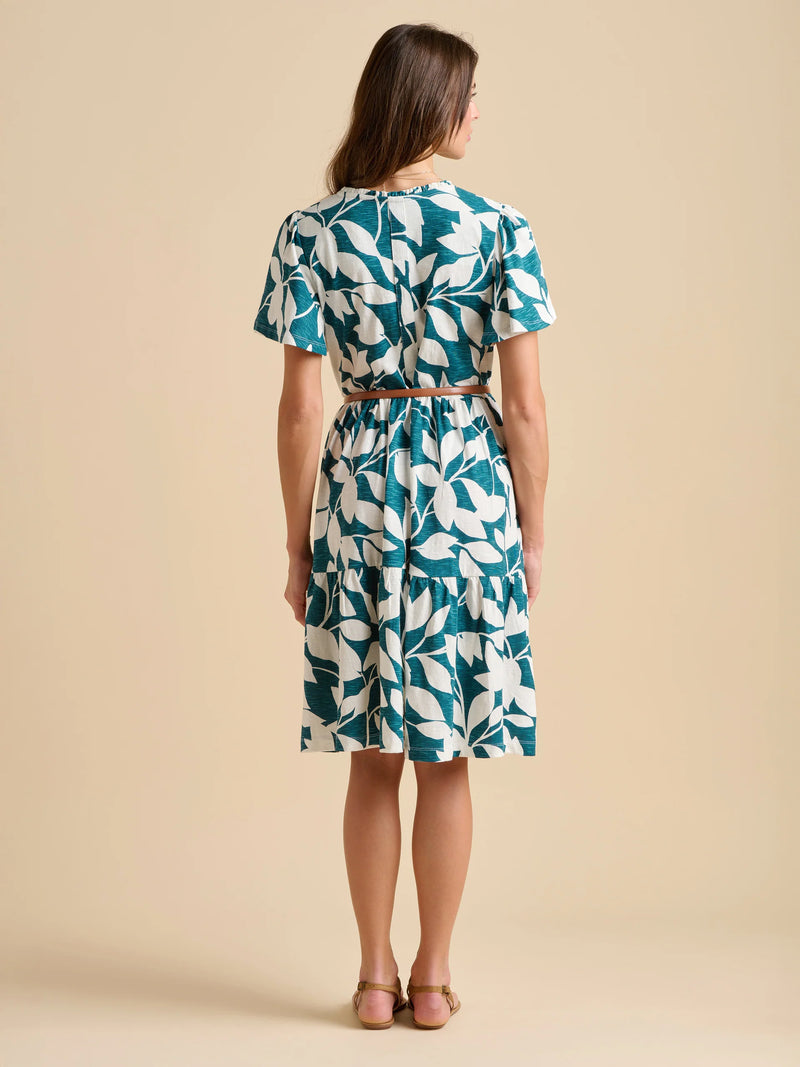 Brakeburn - Teal Woodland Leaves Cotton Jersey Knee Length Dress