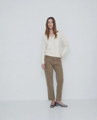 Yerse - Raw V-Neck Long Sleeve Fine Knit Top Ecru