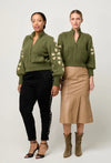 ONCE WAS - Carmela Embroidered Knitted Bomber in Oliva Green