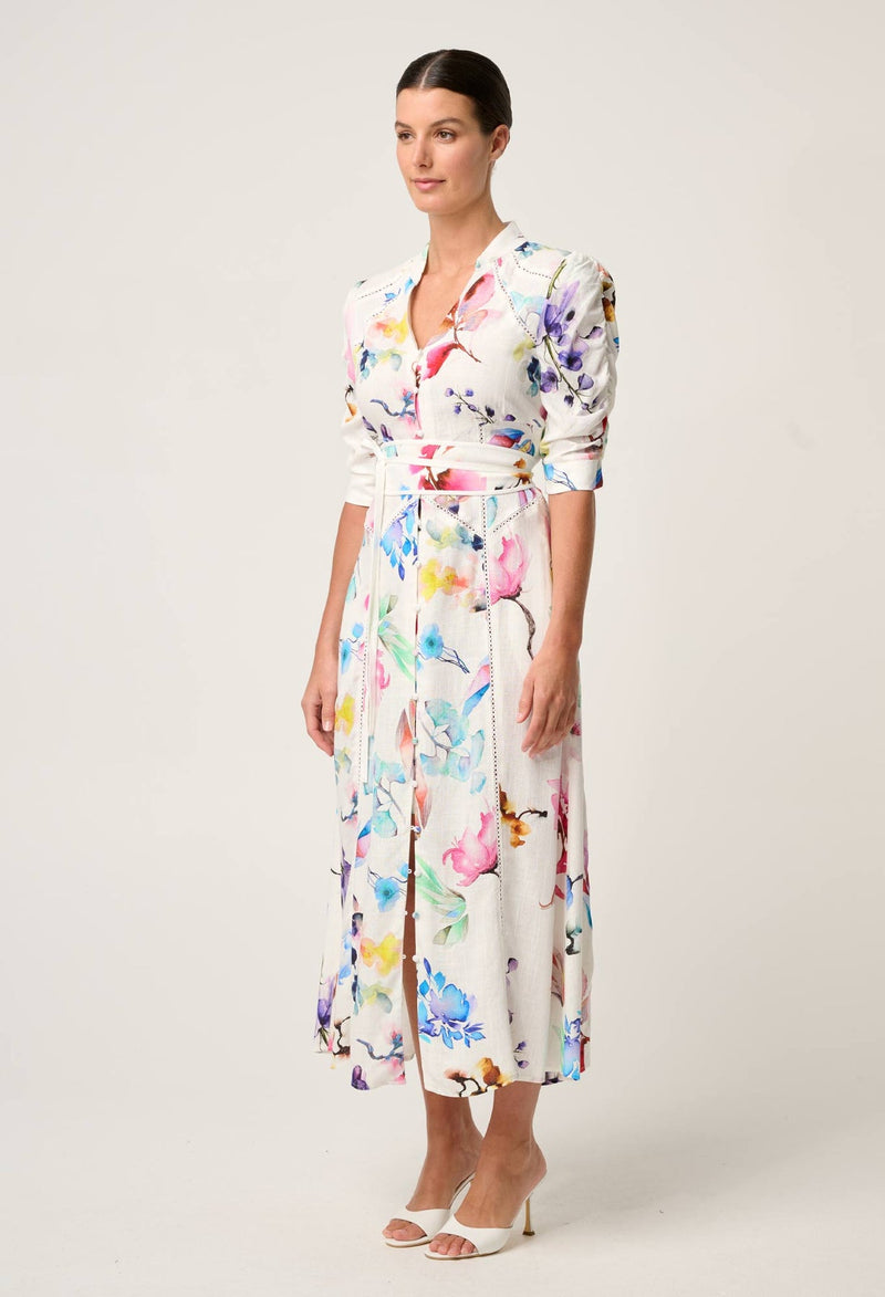 ONCE WAS - Xenia Yoke Linen Viscose Dress in Plume Blossom