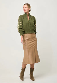 ONCE WAS - Carmela Embroidered Knitted Bomber in Oliva Green