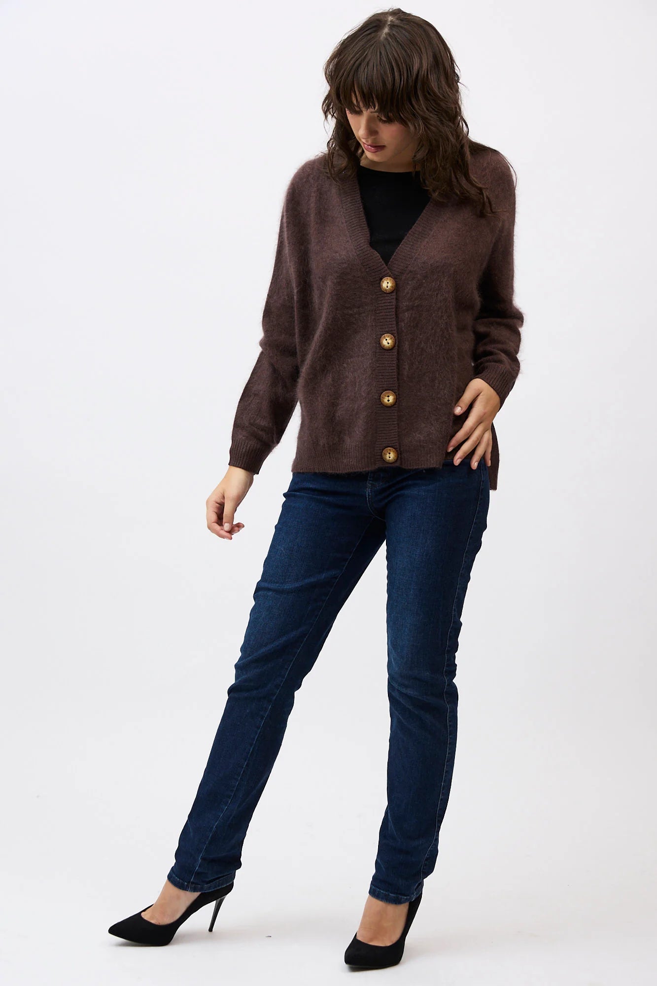 Mia Fratino - Macy Brushed Cardi Dark Chocolate
