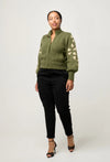 ONCE WAS - Carmela Embroidered Knitted Bomber in Oliva Green