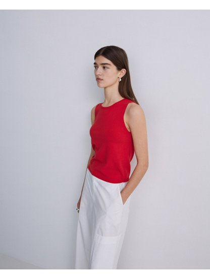 Yerse - O-Neck Sleeveless Knit Tank Red