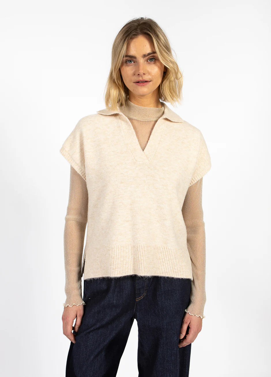 CC Heart - Emerie Knit Polo Top Off White Melange