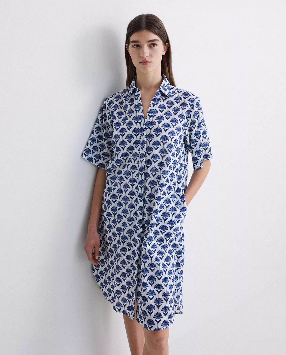 Yerse - Short Cotton Dress Blue Flowers