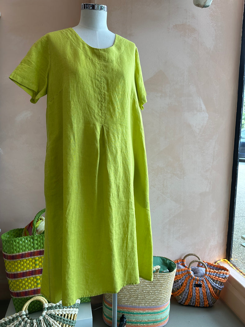 Blueberry Italia - Linen Front Pleat Midi Dress Lime Green