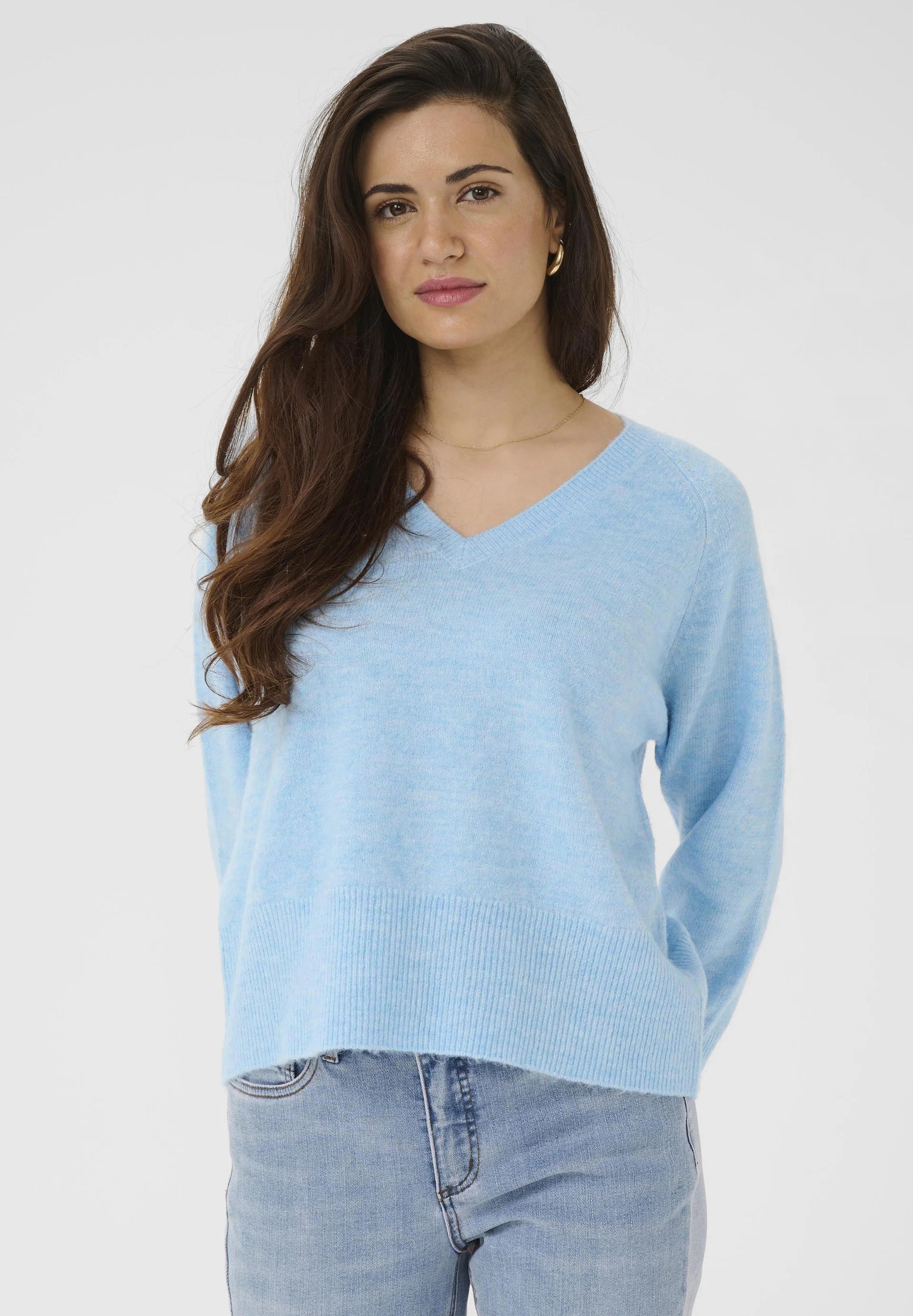 KAFFE - Aniel V Neck Knit Pullover Powder Blue Melange