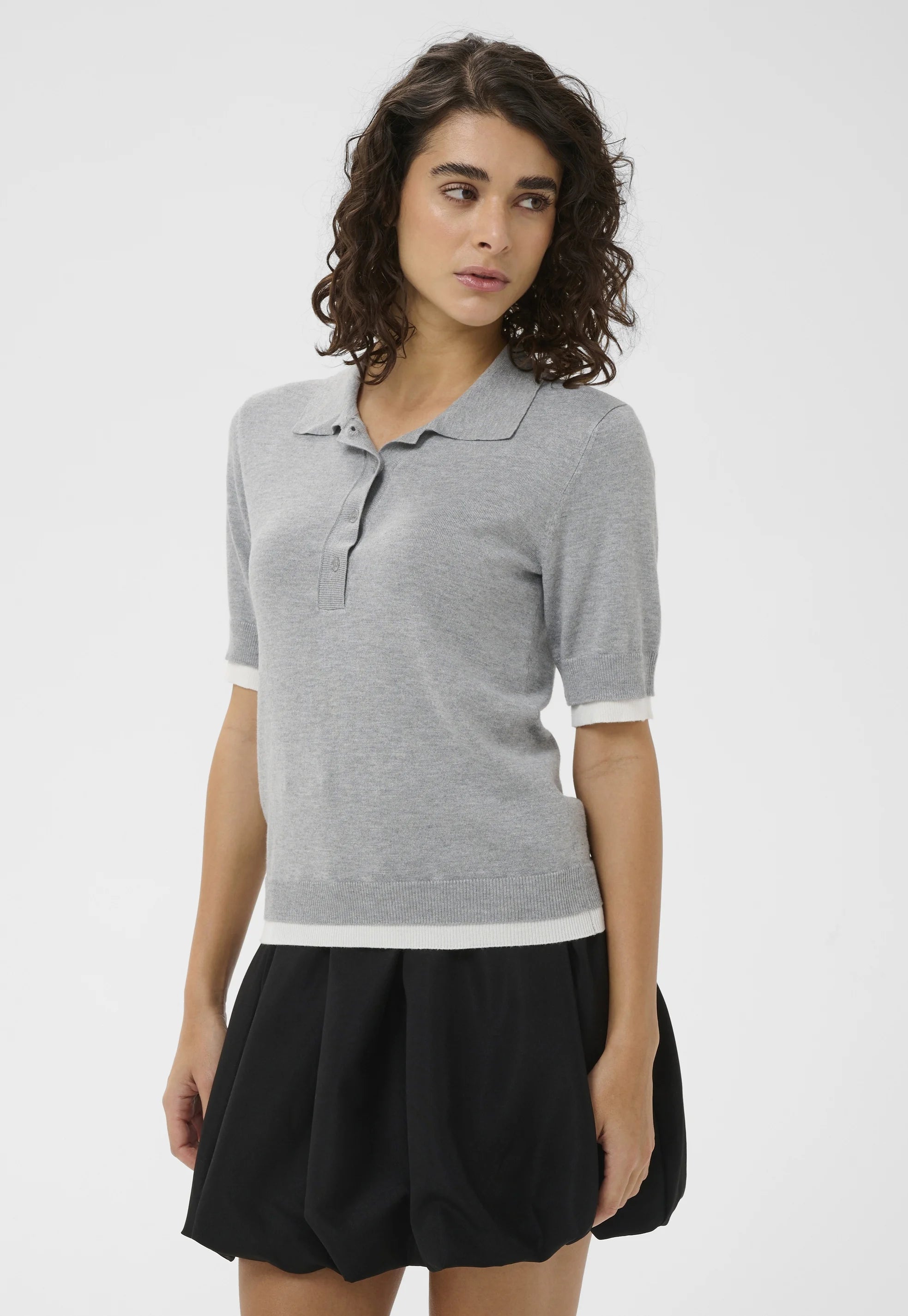 KAFFE - Alizza Contrast Polo Knit Grey Melange