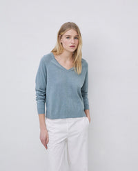 Yerse - V-Neck Cotton Pullover Greenish Grey