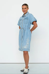 Kireina - Simone Dress Floral  Embroidery 70s Blue Chambray