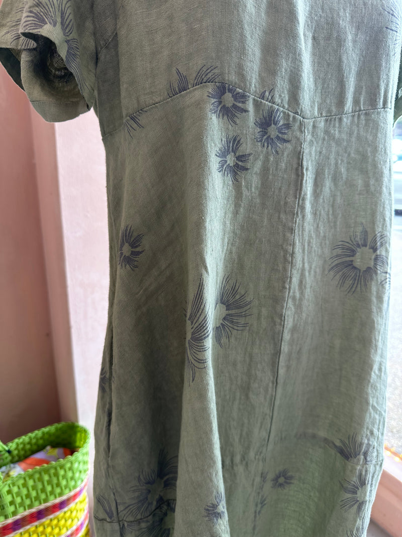 Blueberry Italia - Linen Tulip Dress Sage Print