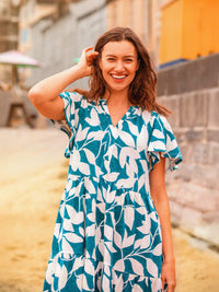 Brakeburn - Teal Woodland Leaves Cotton Jersey Knee Length Dress