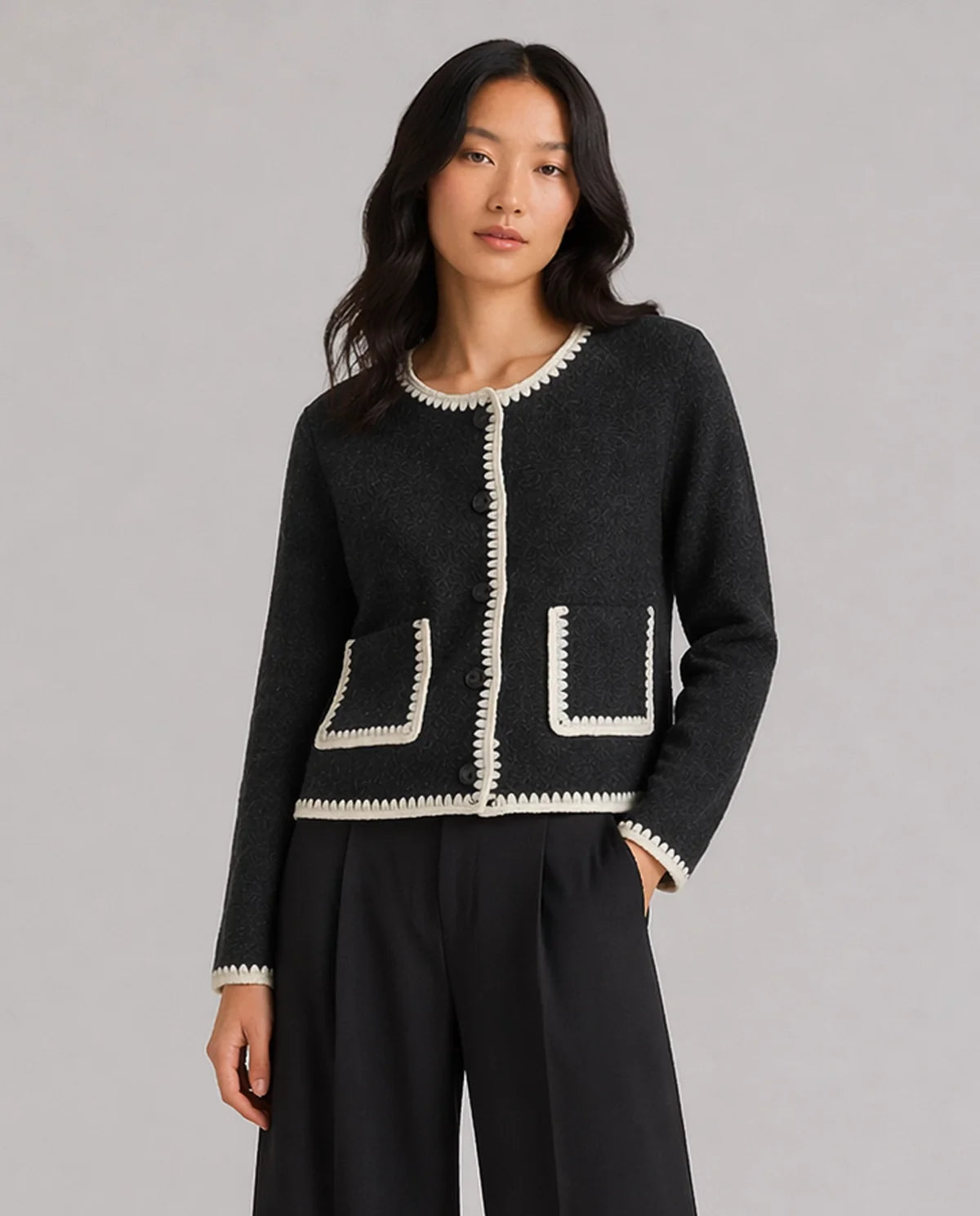 Yerse - Blanket Stitch Boiled Wool Cardigan