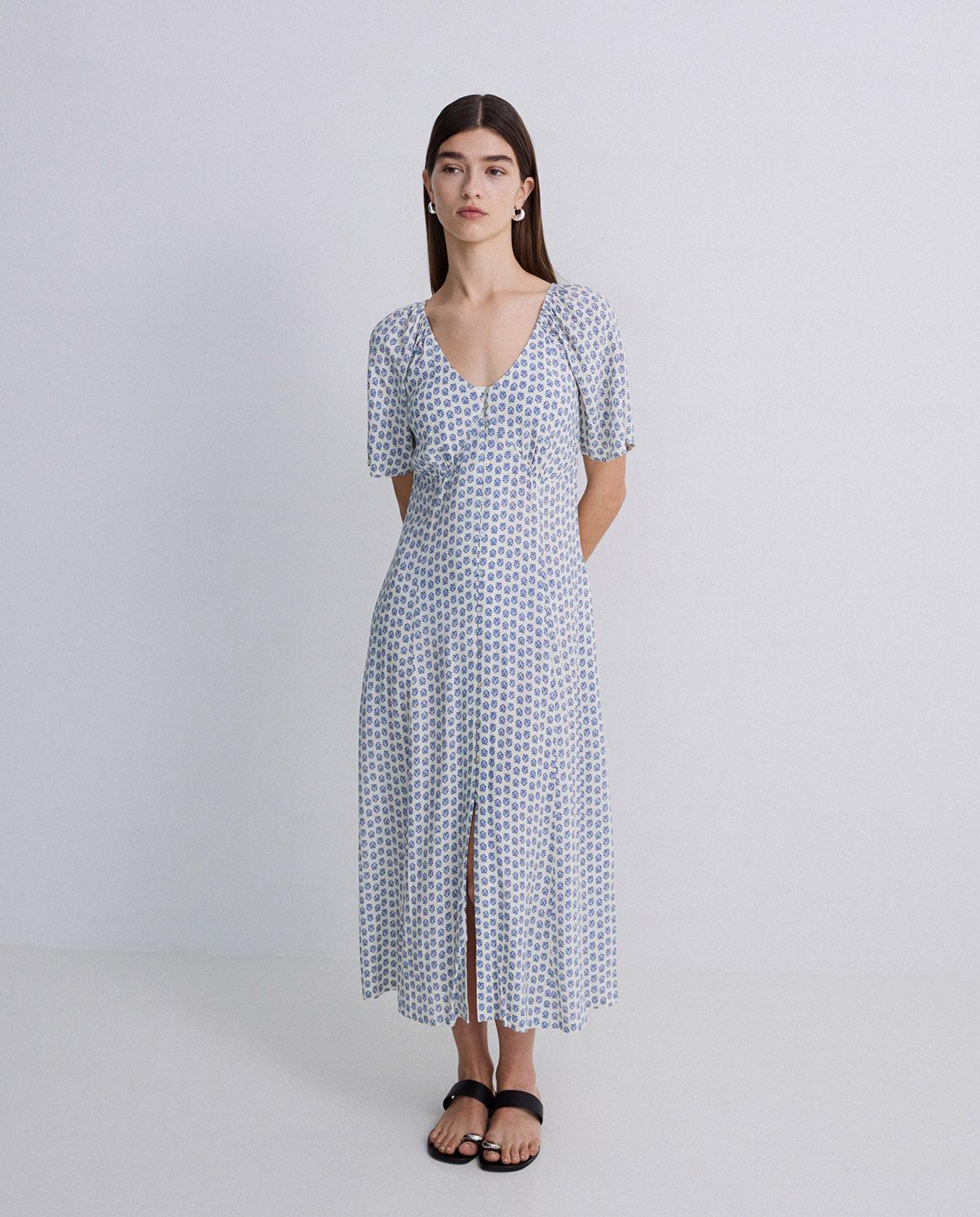 Yerse - Midi Short Sleeve Crepe Dress Navy Flowers