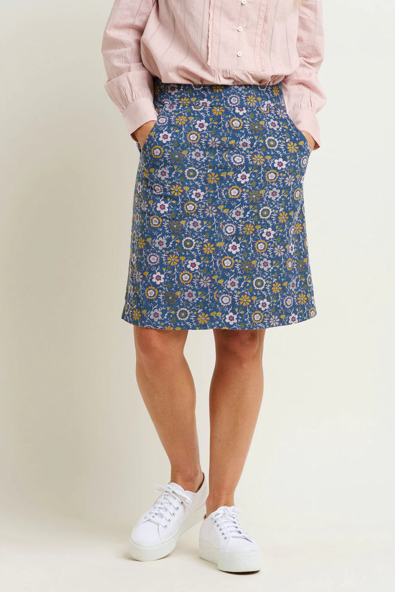 Brakeburn - Folk Floral Cord Midi Skirt Navy