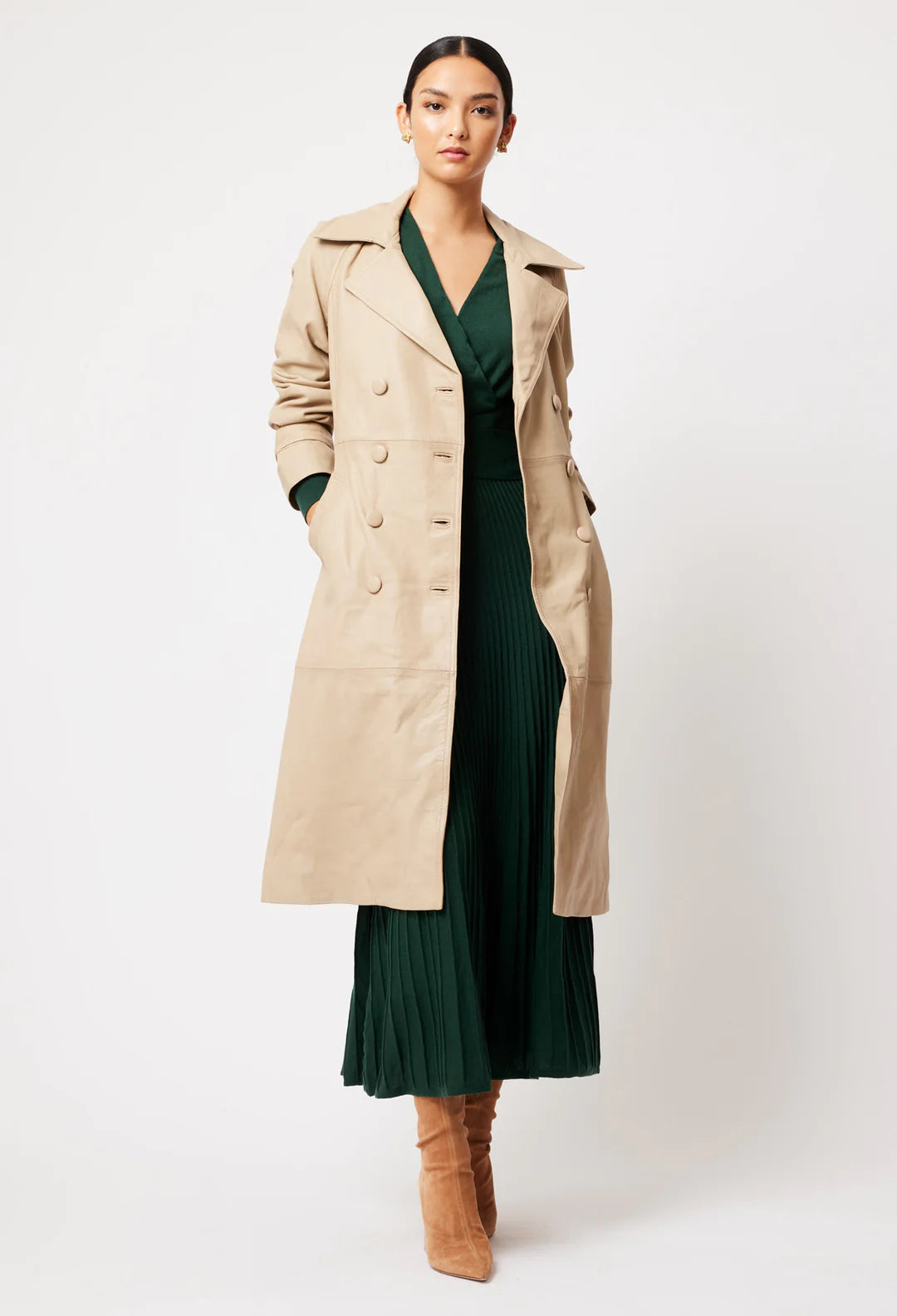 ONCE WAS - Astra Leather Trench Coat in Oatmeal