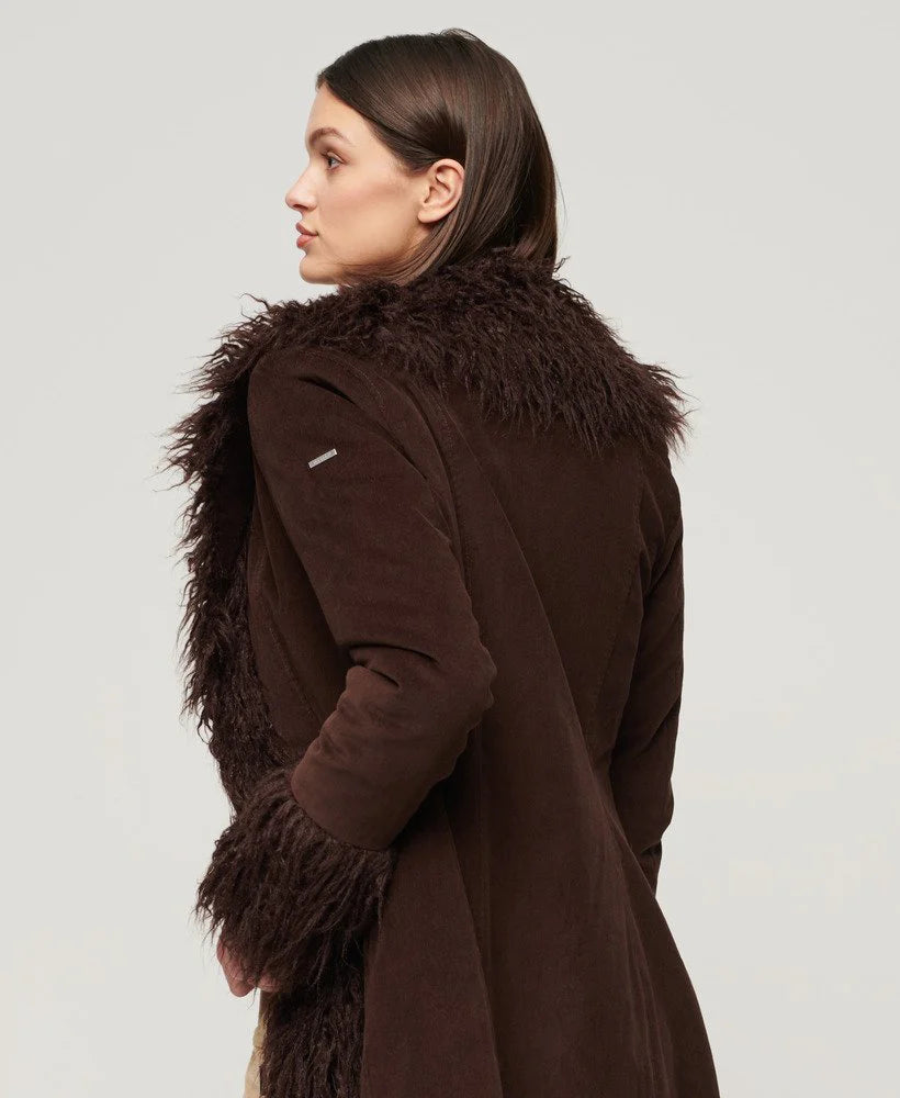 Superdry - Faux Fur Lined Longline Afghan Coat Coffee Bean Brown