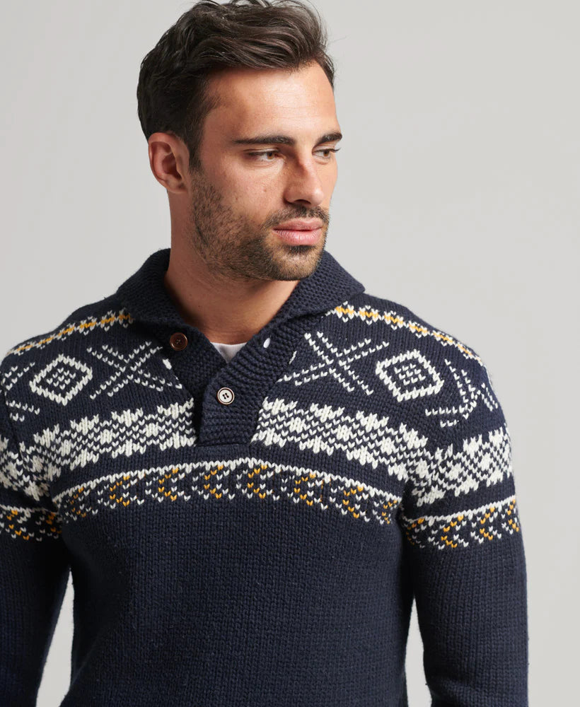 Superdry - Knitted Shawl Jumper Patterned Navy