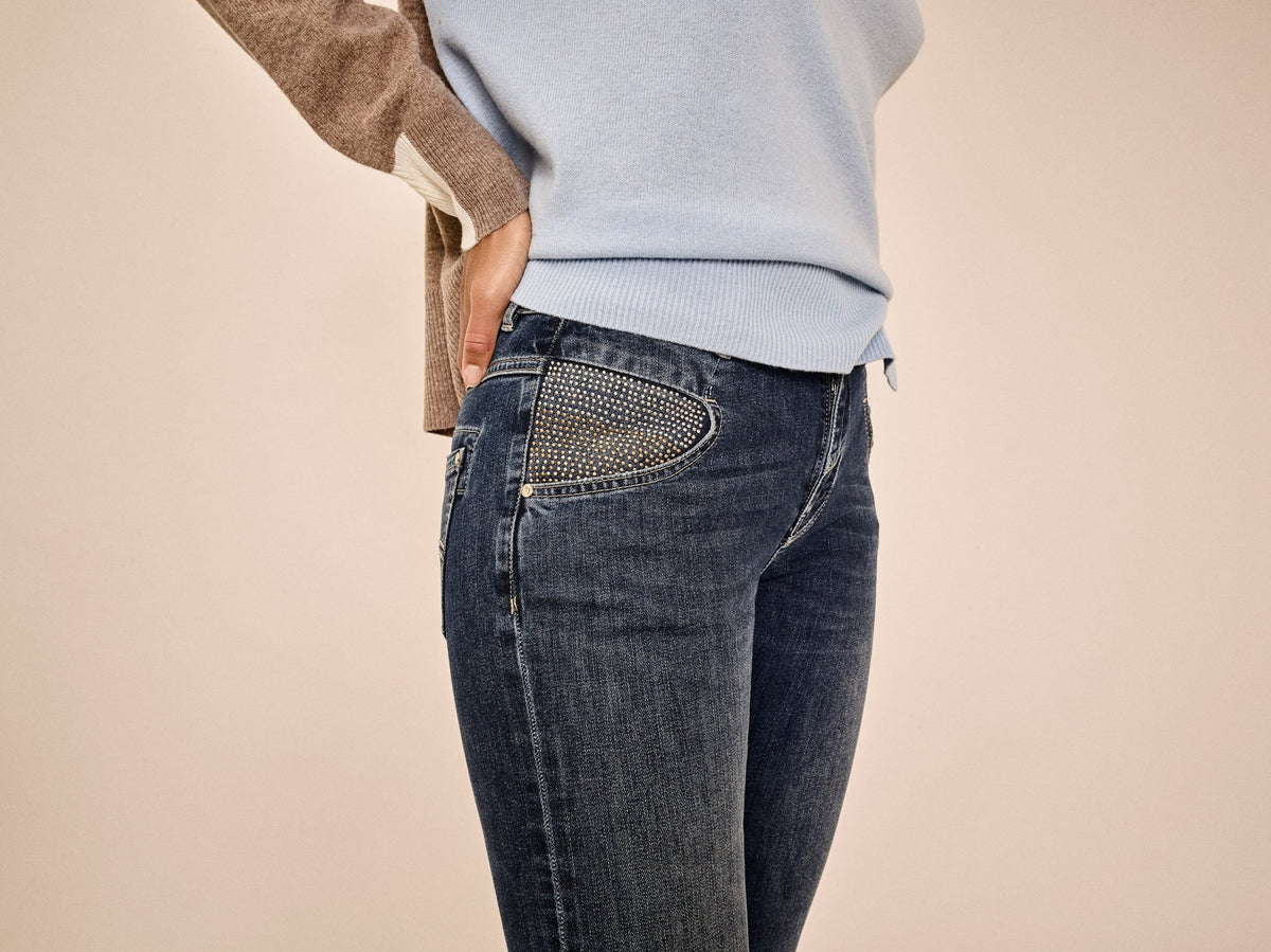 mos mosh nelly reloved jeans in full length with deep blue denim and stud detail on the pockets gold and silver studs