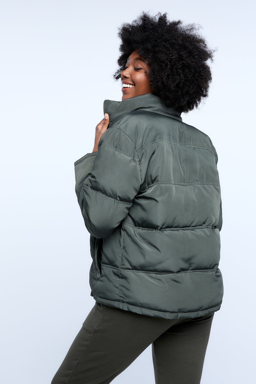 casa amuk green puffer jacket with front zip closure back
