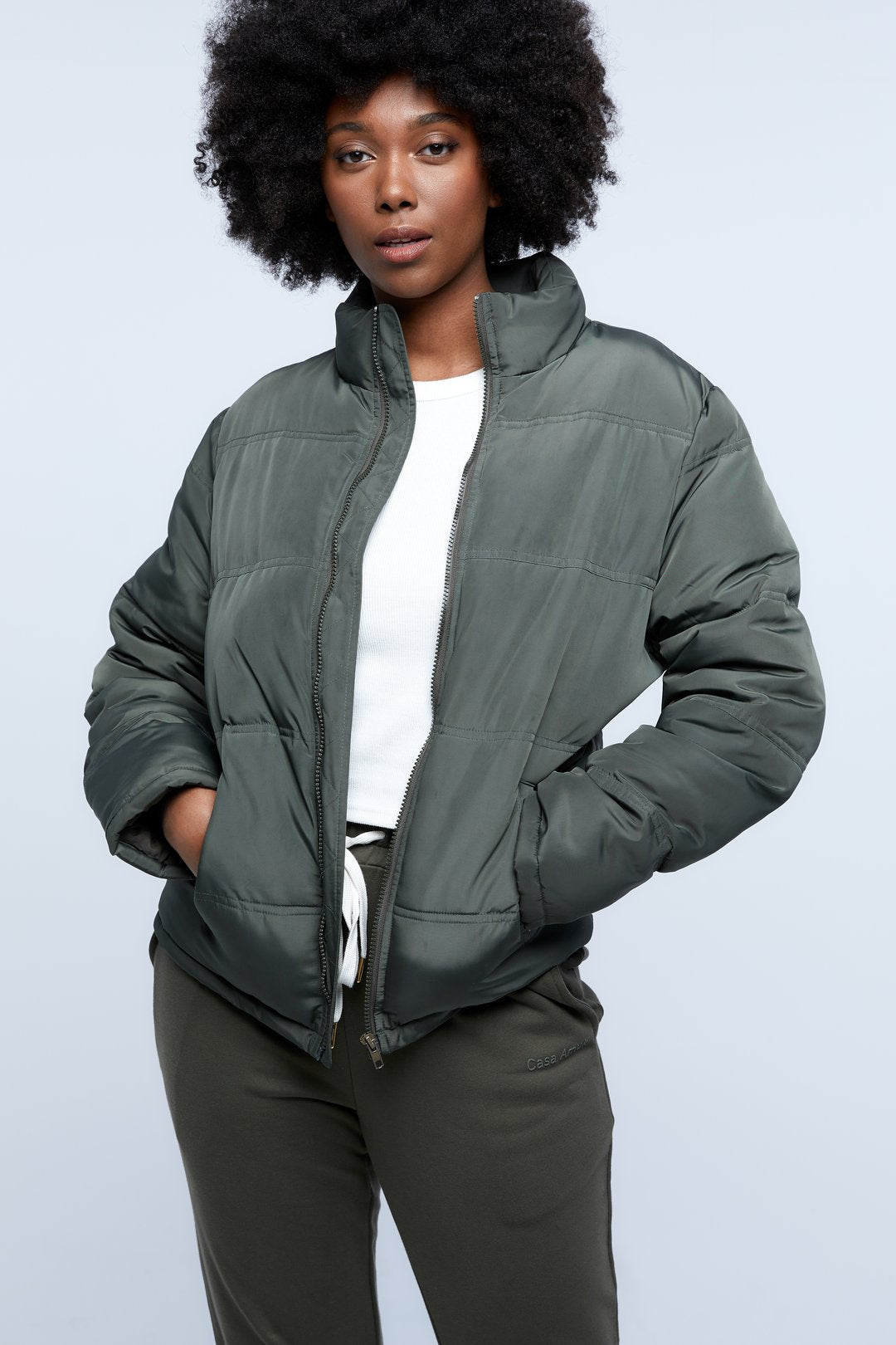 casa amuk green puffer jacket with front zip closure