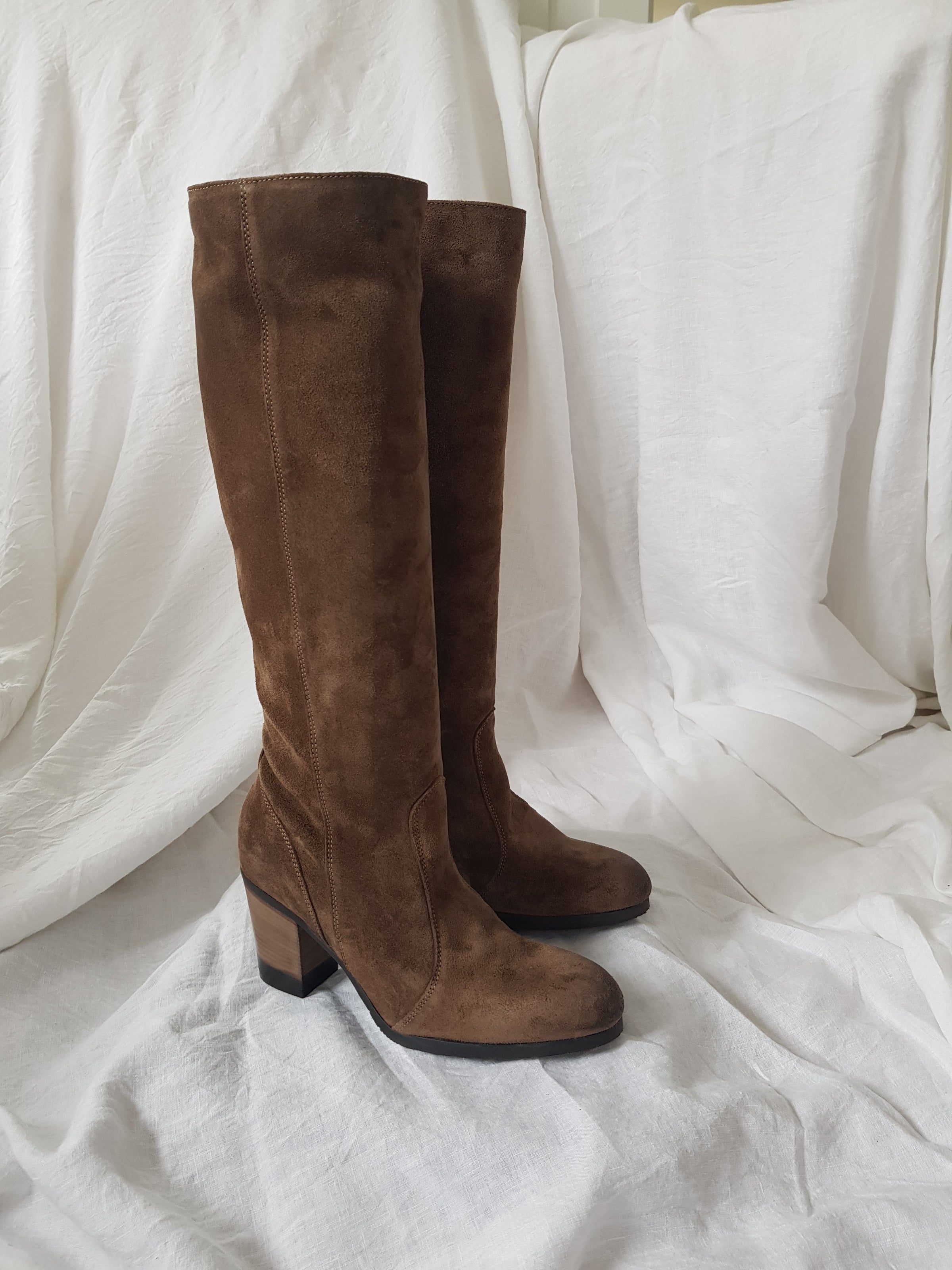 lili mill italian suede long dust taupe knee high heeled boots