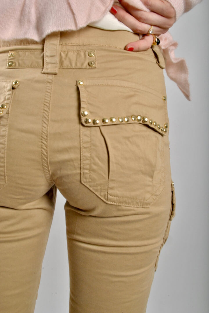 mos mosh cheryl cargo reunion pants in safari back studded pockets in gold