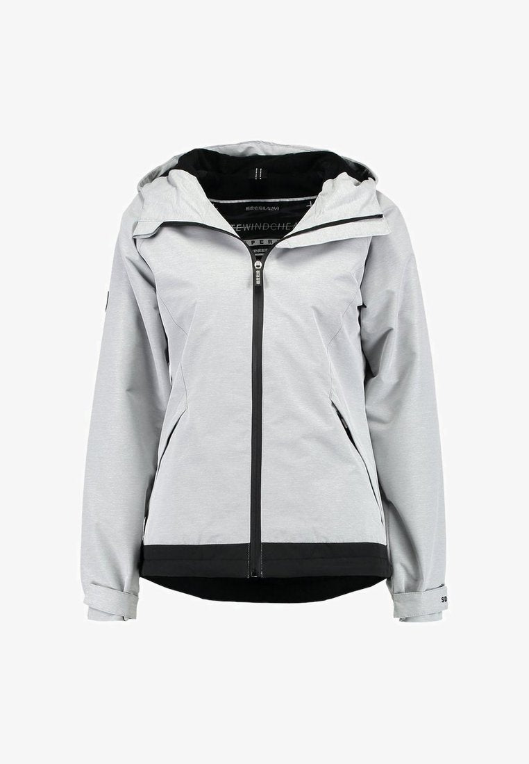 Grey Hooded SD Windtrekker jacket by Superdry zipped up