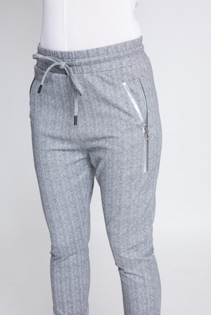zhrill fabia jogger pant in grey herringbone silver zip detail side