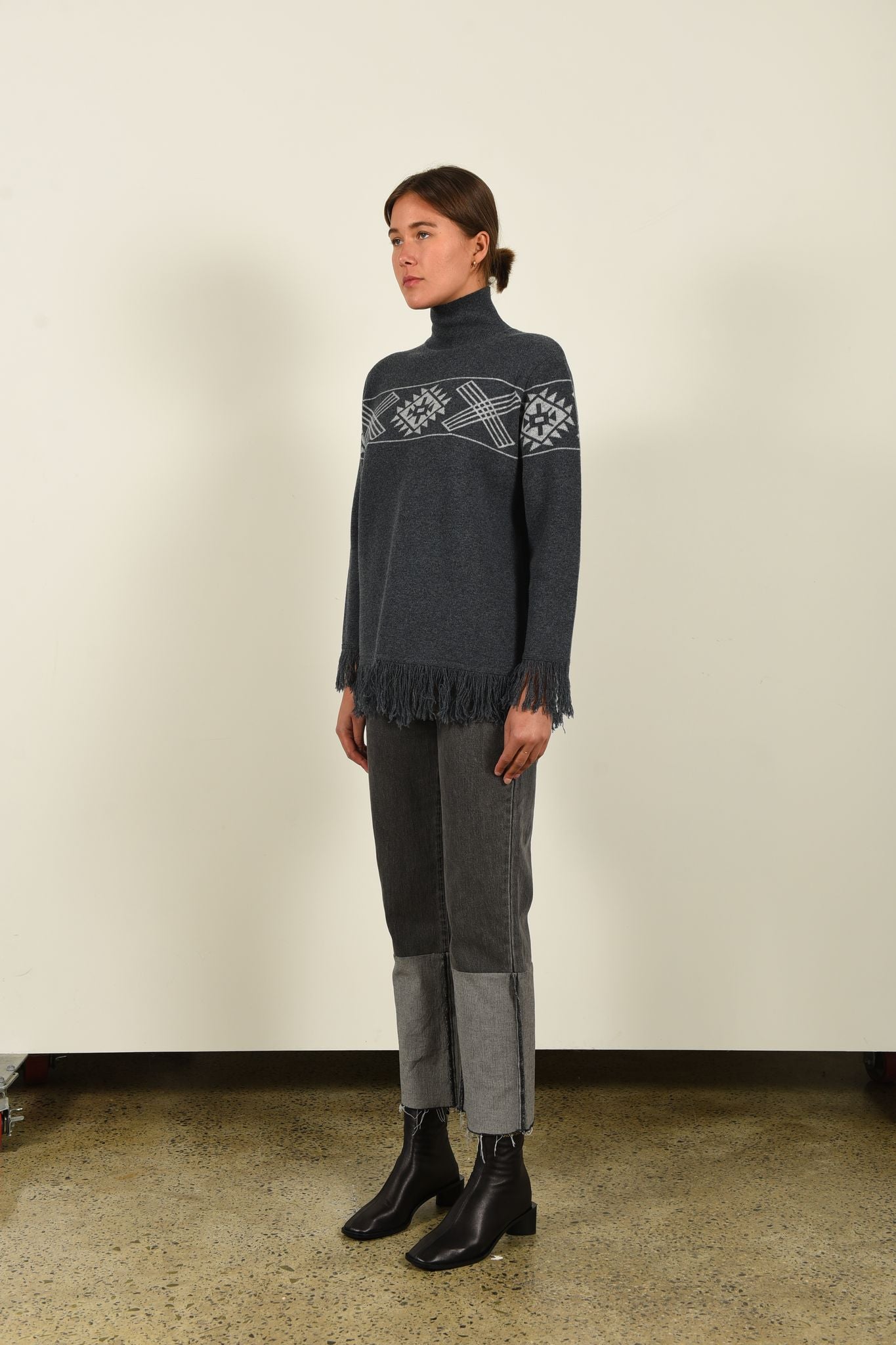 barry made leslie grey aztec knit with turtleneck and fringe trim side