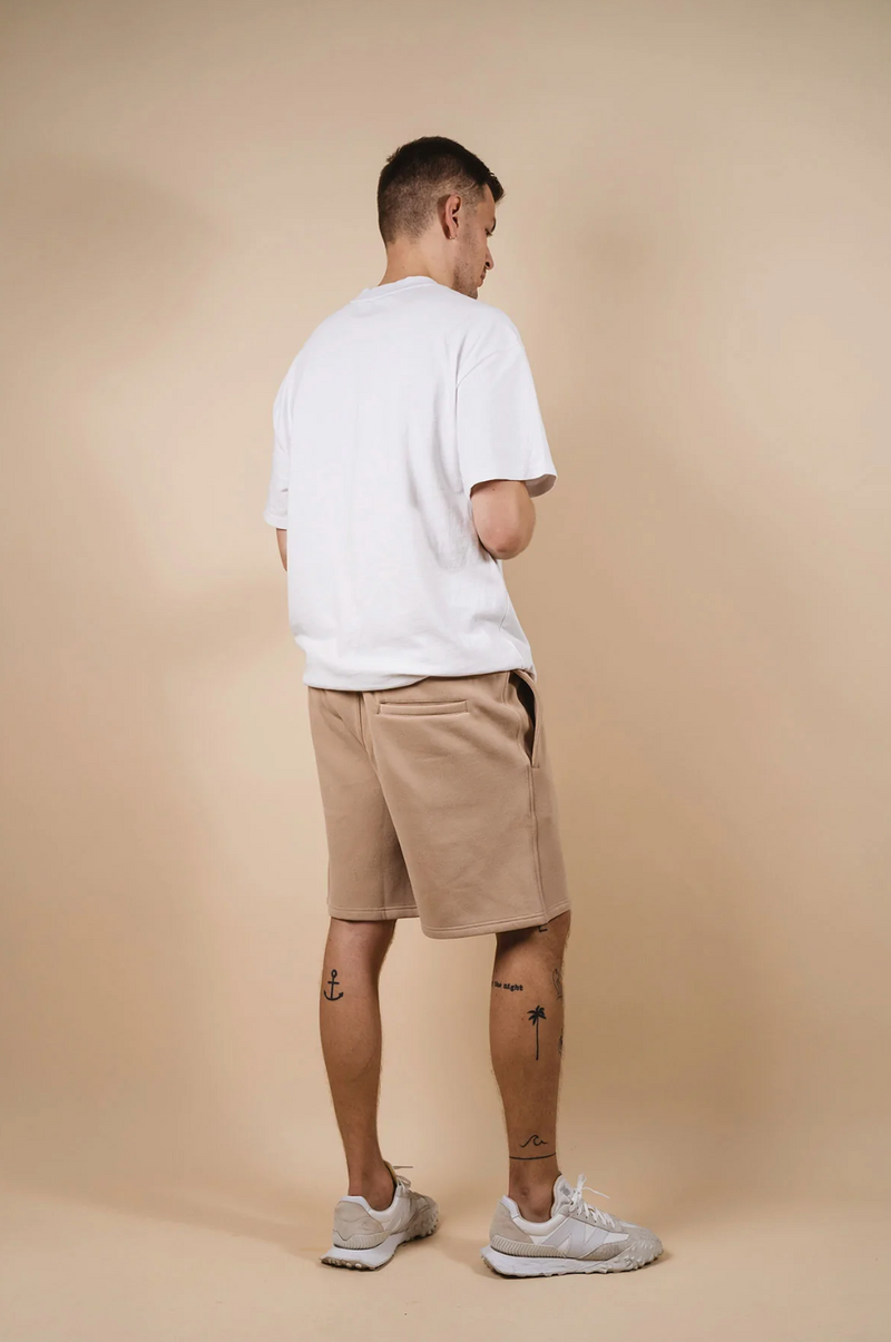 kore studios mens loose fit fleece track shorts with drawcord in tan taupe colour back pocket 