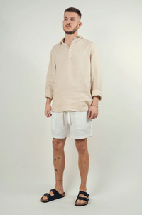 kore studios mens collared linen long sleeve polo shirt in beige with white linen short