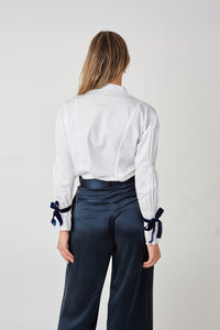 Hanna Edwards - Signature Pleated Sleeve Shirt With Velvet Ribbon Detail Winter White