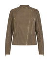 mushroom suede leather biker jacket by mos mosh with light gold zips womens style front