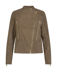 mushroom suede leather biker jacket by mos mosh with light gold zips womens style front