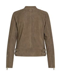 mushroom suede leather biker jacket by mos mosh with light gold zips womens style back with buckle fastenings