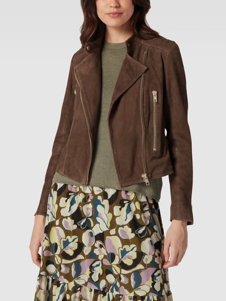 mushroom suede leather biker jacket by mos mosh with light gold zips womens style with skirt