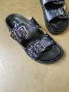 navy metallic leather womens slide sandal with silver hardware, studs and rivets