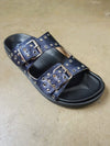 navy metallic leather womens slide sandal with silver hardware, studs and rivets