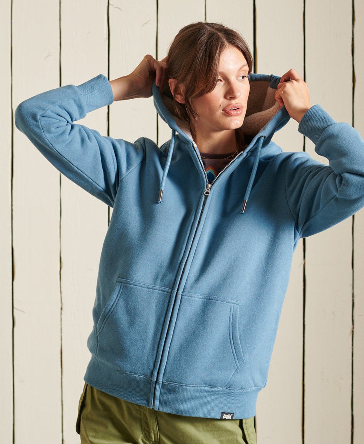 Superdry - Borg Lined Zip Hood Pottery Blue