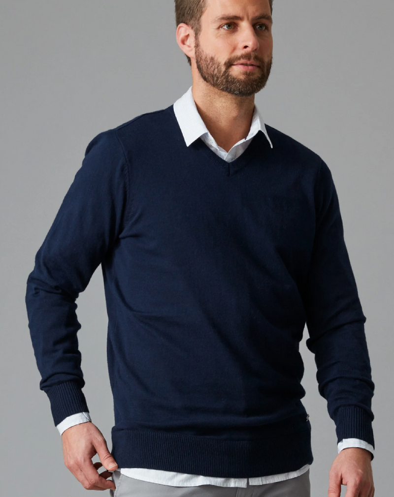 Wild South - Merino 12GG Vee Neck Navy Marle