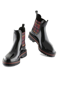 lemon jelly black devana chelsea ankle waterproof vegan boots with red trim and tartan elastic sides