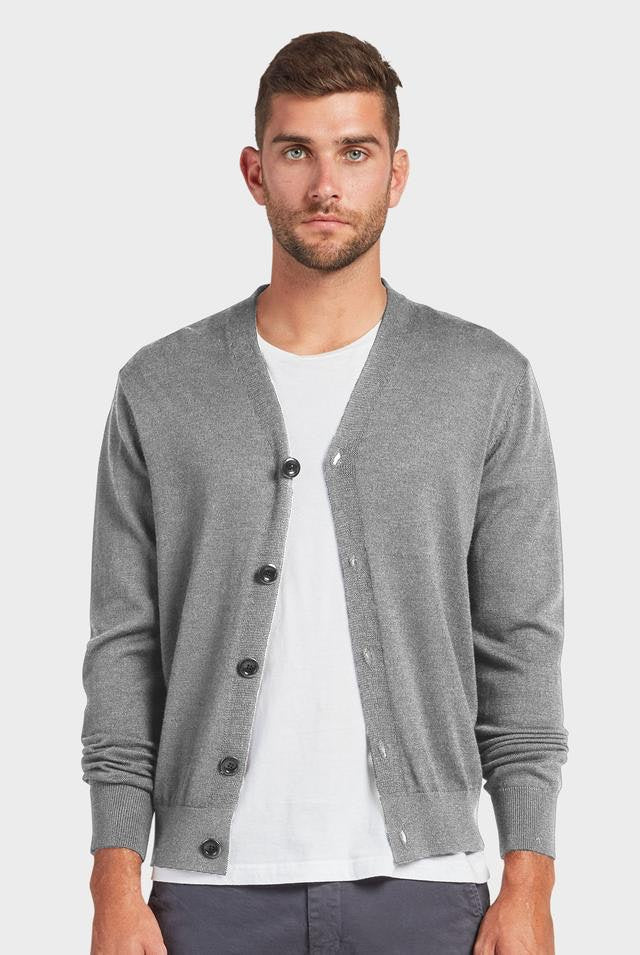 mens merino long sleeve wool cardigan grey marle