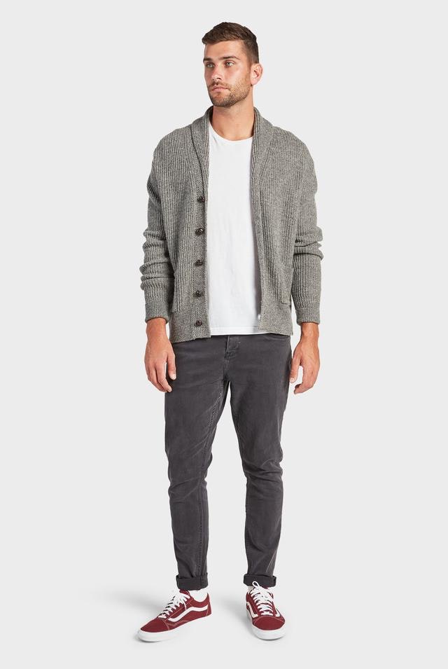 academy brand hemmingway collared knit mens cardigan in charcoal grey with jeans