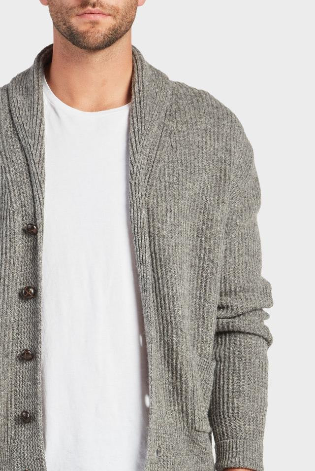 academy brand hemmingway collared knit mens cardigan in charcoal grey front leather look buttons