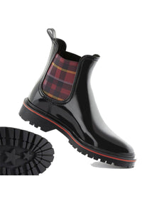 lemon jelly black devana chelsea ankle waterproof vegan boots with red trim and tartan elastic sides